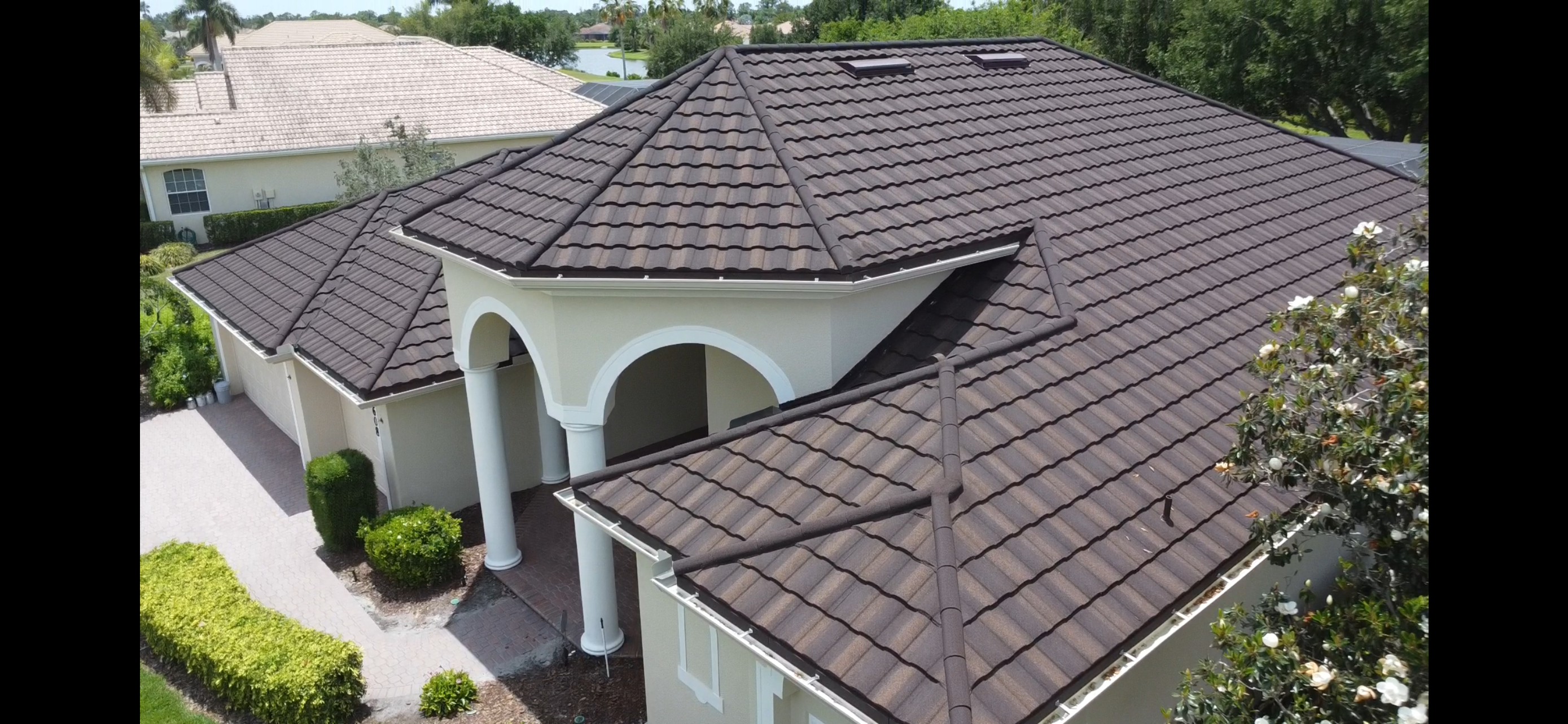 Stone coated metal roof &mdash;aerial view