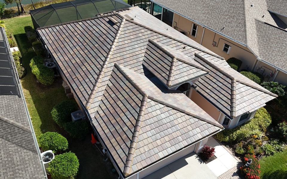 Multi-tone concrete tile roof seen from above